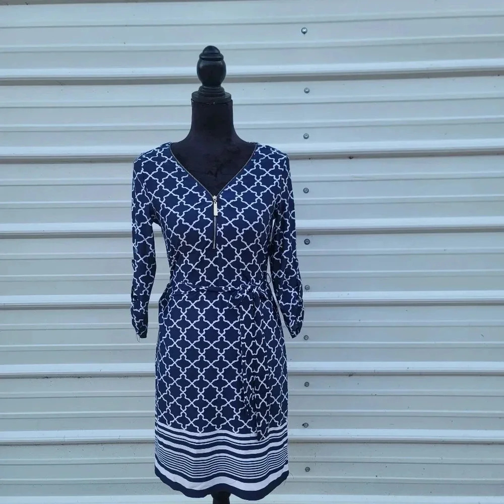 Tacera Navy White Print Dress Petite S PS Gold Zipper Belt Jersey 3/4 Sleeve